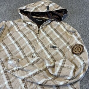 Vintage Y2K Split Skateboarding Plaid Brown Zip-Up Hoodie Sz M 90s Oversized